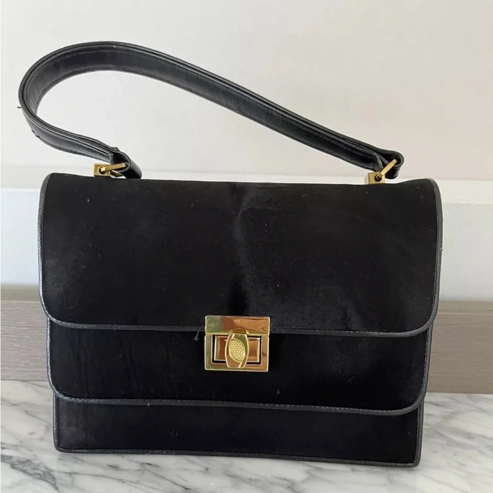 Black Purse Double Flap Evening Bag Leather Pony Satin Gold Vintage 50s 60s